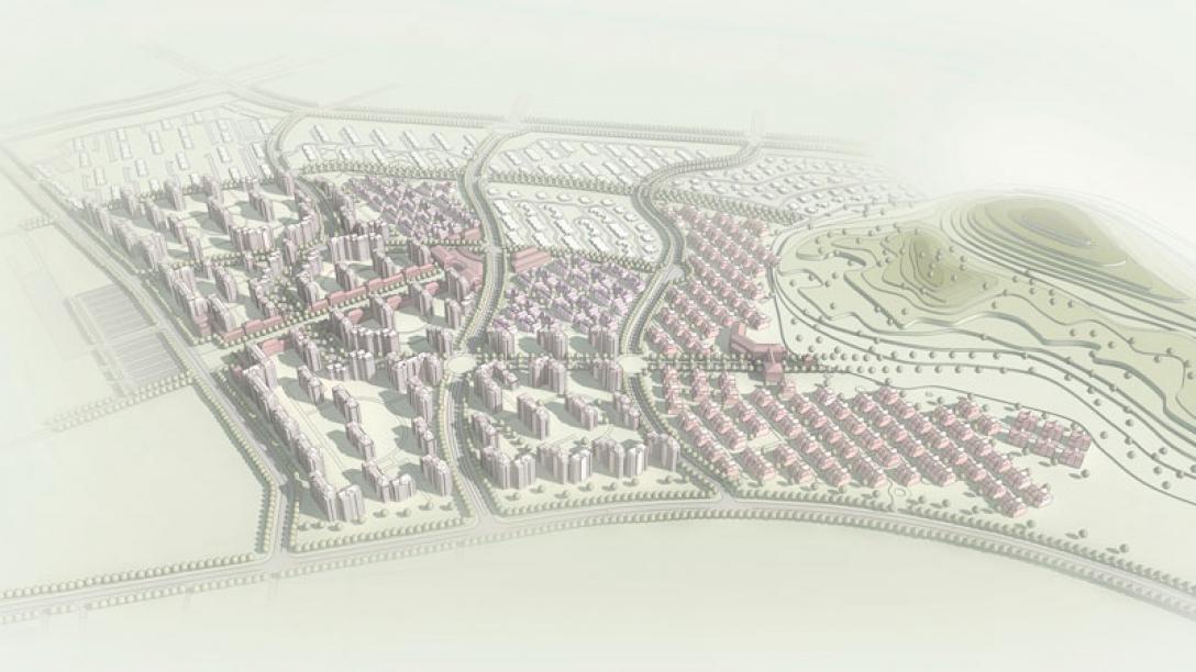 Illustration of houses in a field